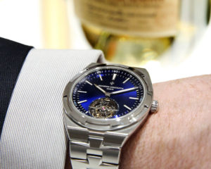 Vacheron Constantin’s new Overseas Tourbillon features a blue lacquered dial with a sunburst finish