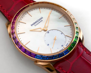 Parmigiani Fleurier’s new Tonda 1950 Rainbow features a mother-of-pearl dial edged with a rainbow of precious gems