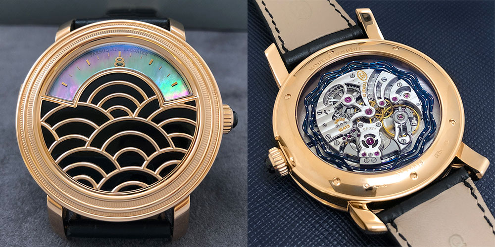 This gorgeous Capitole Toric Waves Minute Repeater by Parmigiani Fleurier features an Art Deco motif on the dial, and serpentine cathedral gongs visible through the caseback