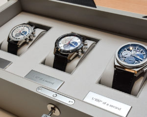From left: El Primero A386 Revival – a reissue of the first El Primero model of 1969; Chronomaster 2 El Primero – an entirely redesigned movement accurate to 1/10th of a second; Defy El Primero 21, which is accurate to 1/100th of a second