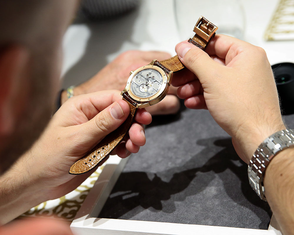 The Parallax Tourbillon’s original hand-wound movement is finished and assembled in-house.