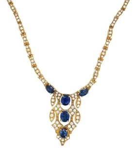 18kt Yellow Gold Diamond & Blue Sapphire Classic Necklace