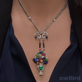 Vintage Art Deco Style Fruit Basket Pendant with Emeralds, Rubies, Sapphires and Diamonds