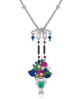 Vintage Art Deco Style Fruit Basket Pendant with Emeralds, Rubies, Sapphires and Diamonds