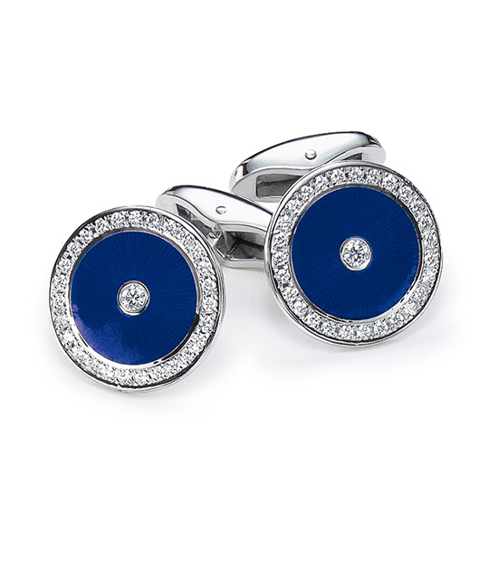 Blue Enamel and Diamond Round Cufflinks