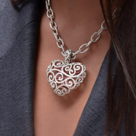 Large Filigree Heart Pendant with Diamonds and Pink Sapphires