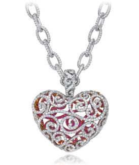 Large Filigree Heart Pendant with Diamonds and Pink Sapphires