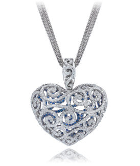 Small Filigree Heart Pendant with Diamonds and Blue Sapphires