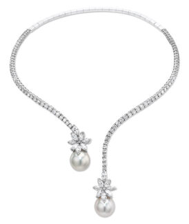 Platinum Spring Wire Necklace with Diamonds and Twin South Sea Pearl Drops
