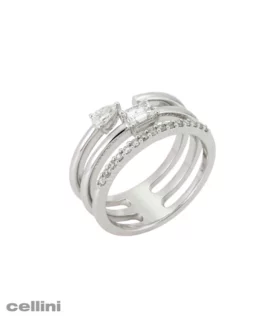 Three Row White Gold Diamond Pear and Baguette Ring