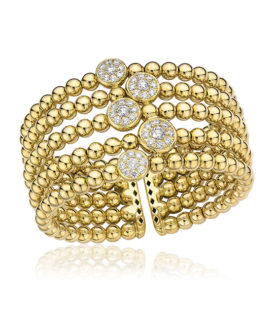 Five-Row Beaded Yellow Gold Diamond Cuff Bracelet