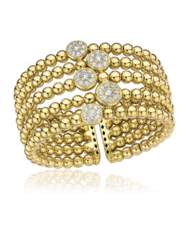 Five-Row Beaded Yellow Gold Diamond Cuff Bracelet