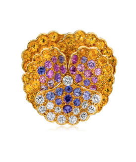 Vintage Jean Vitau Small Pansy Brooch with Purple, Pink and Yellow Sapphires