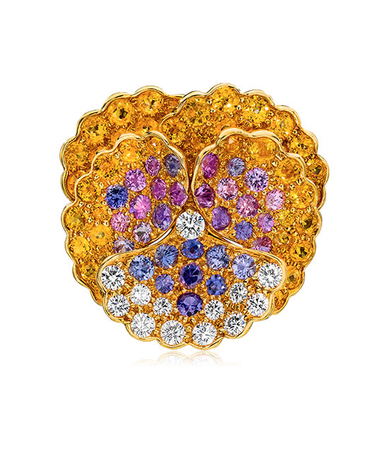 Vintage Jean Vitau Small Pansy Brooch with Purple, Pink and Yellow Sapphires