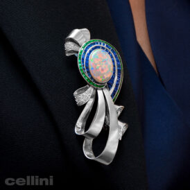 Vintage Opal Ribbon Motif Brooch with Sapphires and Emeralds