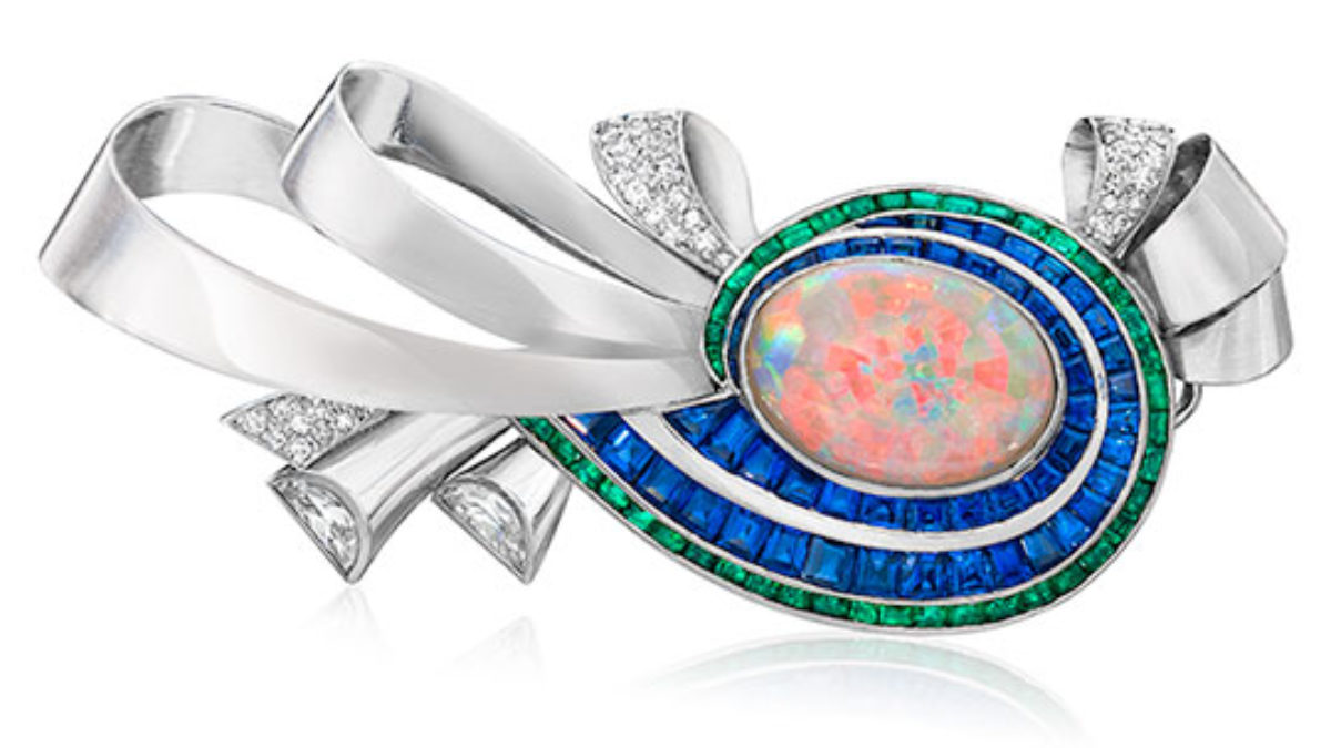 Vintage Opal Ribbon Motif Brooch with Sapphires and Emeralds