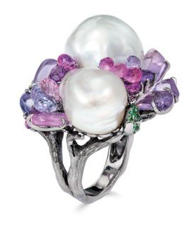 Baroque Pearl and Multi-Color Sapphire Ring