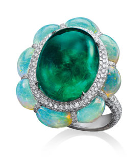 Cabochon Emerald and Opal Ring