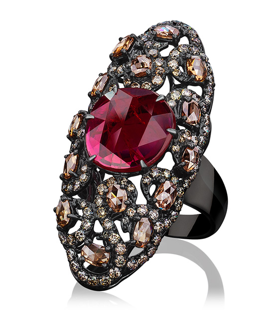 Ruby and Brown Diamond Shield Ring