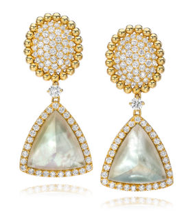 Beaded Yellow Gold and Pavé Diamond Drop Earrings with Mother-of-Pearl