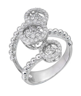 White Gold Bead Ring with 3 Shimmering Diamond Clusters