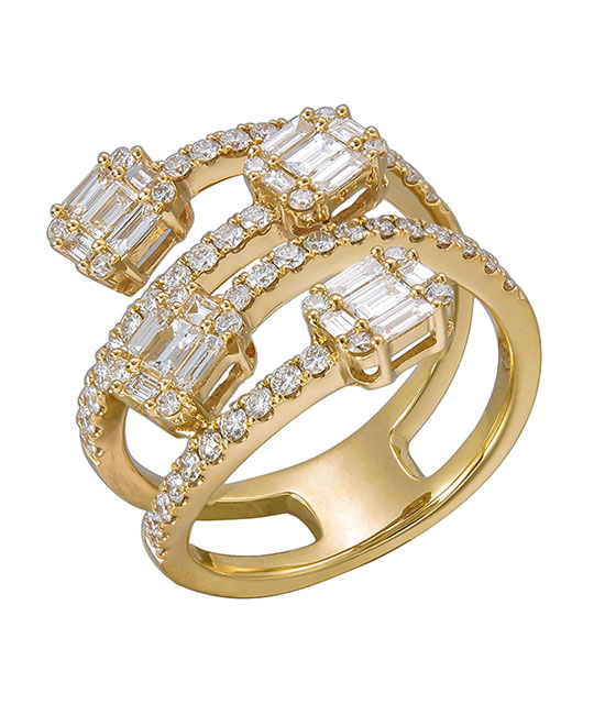 Yellow Gold 4-Row Ring with Baguette Diamonds