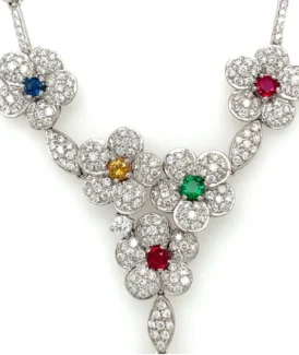 Diamond Flower Necklace with Rubies, Emeralds, and Sapphires