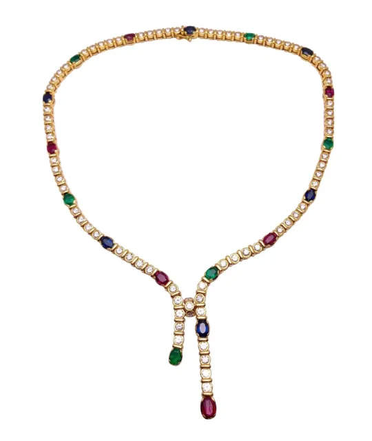Diamond & Oval Sapphire, Ruby, Emerald Lariat Style Necklace
