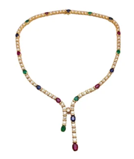 Diamond & Oval Sapphire, Ruby, Emerald Lariat Style Necklace