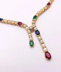Diamond & Oval Sapphire, Ruby, Emerald Lariat Style Necklace