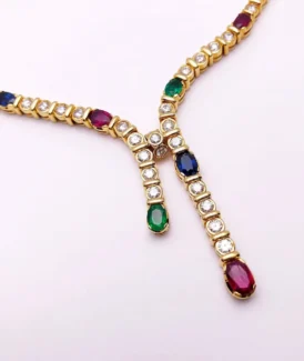 Diamond & Oval Sapphire, Ruby, Emerald Lariat Style Necklace