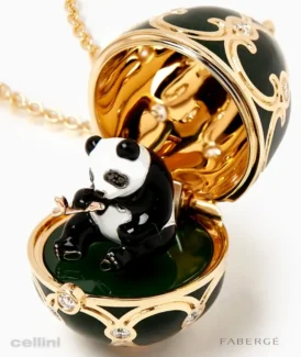Fabergé Heritage Yellow Gold Diamond Green Guilloche Enamel Panda Surprise Locket