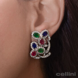 Vintage Emerald, Ruby and Sapphire Clip Earrings with Diamond Frames