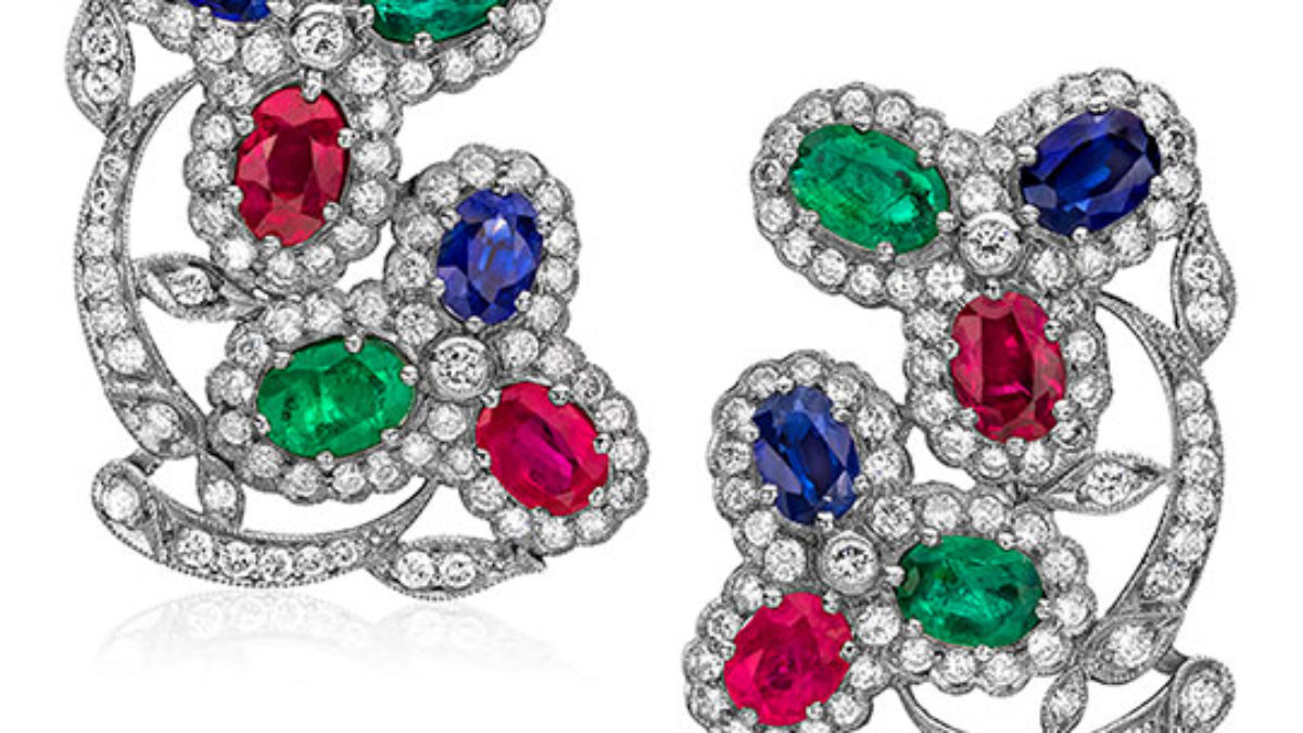 Vintage Emerald, Ruby and Sapphire Clip Earrings with Diamond Frames