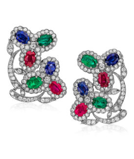 Vintage Emerald, Ruby and Sapphire Clip Earrings with Diamond Frames