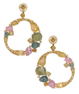 Multi-Color Sapphire and Diamond Pendant Hoop Earrings