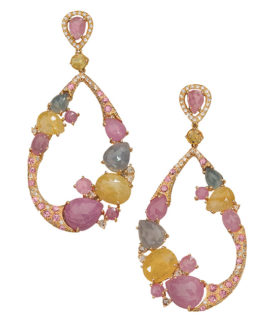 Multi-Color Sapphire and Diamond Pendant Hoop Teardrop Earrings