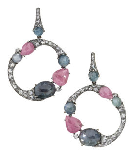 Pink, Blue and Gray Sapphire and Diamond Pendant Hoop Earrings