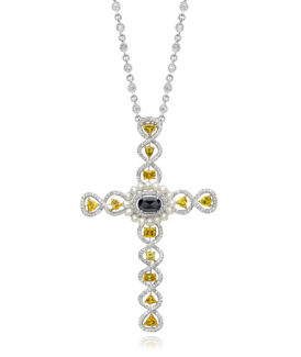 Fancy Color Diamond and Pearl Cross Pendant