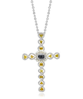 Fancy Color Diamond and Pearl Cross Pendant